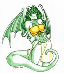  anthro clothed clothing dragon female green_eyes green_hair green_skin hair hi_res horn invalid_tag koshkio long_hair looking_at_viewer scales scalie skirt solfira solo standing the_clan tribal wings 