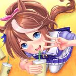  animal_ears aonuma_kiyoharu blue_eyes blush brown_hair commentary_request drinking_straw floor hair_between_eyes hair_ornament highres horse_ears horse_tail juice kneeling long_hair looking_at_viewer open_mouth ponytail school_uniform sweat tail thighhighs tokai_teio_(umamusume) tongue tongue_out tracen_school_uniform umamusume 