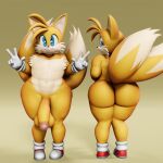 2_tails 3d_(artwork) anthro balls big_penis butt canid canine digital_media_(artwork) fox genitals gesture hand_gesture hi_res looking_at_viewer looking_back male mammal miles_prower multi_tail nude penis sega solo sonic_the_hedgehog_(series) standing tail vulkyasha