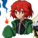  1other androgynous black_shirt fire green_jacket hood hooded_jacket jacket len&#039;en long_sleeves needless_(toyaco) open_mouth other_focus red_eyes red_hair shirt shitodo_hooaka short_hair 