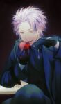  1boy apple black_coat black_gloves black_pants black_shirt chinese_commentary coat commentary_request earrings food fruit gloves highres holding holding_food holding_fruit jewelry long_sleeves male_focus multicolored_hair oioios open_clothes open_coat open_mouth pants pink_hair purple_hair red_apple red_eyes saibou_shinkyoku shirt short_hair sitting smile solo theodore_riddle 