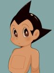  1boy atom_(tetsuwan_atom) black_hair blue_background blush bright_pupils brown_eyes closed_mouth cropped_torso dandi eyelashes looking_at_viewer male_focus short_hair simple_background solo spiked_hair tetsuwan_atom topless_male white_pupils 