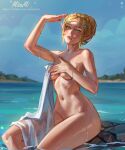  1girl absurdres aqua_eyes arm_up artist_name blonde_hair blue_sky blush braid breasts collarbone commentary completely_nude covering_breasts covering_privates day elf english_commentary freckles hair_bun hair_ornament hairclip highres lake linea_alba medium_breasts misa_mi navel nude outdoors parted_lips partially_submerged pointy_ears princess_zelda sidelocks single_hair_bun sitting sky solo stomach the_legend_of_zelda thighs towel water wet wet_towel 