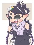  1girl black_hair black_skirt bow-shaped_hair callie_(splatoon) closed_eyes commentary_request grey_background grey_shirt highres inkling long_hair mole mole_under_eye open_mouth pencil_skirt pointy_ears rakugaken shirt short_eyebrows simple_background skirt smile solo splatoon_(series) splatoon_3 teeth tentacle_hair thick_eyebrows two-tone_background white_background 