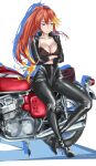  1girl absurdres black_bodysuit bodysuit bra breasts double-parted_bangs eiyuu_densetsu english_commentary floating_hair green_eyes hair_between_eyes high_heels highres judith_ranster kuro_no_kiseki lace large_breasts latex latex_bodysuit long_hair motor_vehicle motorcycle multicolored_hair on_motorcycle ponytail pout red_hair shadow sidelocks solo twitter_username two-tone_hair underwear vanillahare 