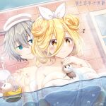  2girls :3 bath blonde_hair blue_eyes breasts cleavage covered_nipples date_a_live double_bun grey_hair hair_bun highres honjou_nia hoshimiya_mukuro indoors large_breasts multiple_girls musical_note rubber_duck short_hair smile towel towel_on_head tsubasaki water yellow_eyes 