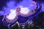  2019 ambiguous_gender avian bird brown_body brown_feathers feathers feet female_(lore) feral flying forest guardians_of_ga&#039;hoole ignigeno moon night owl plant purple_background simple_background sky solo spotted_owl star starry_sky strix_(genus) strix_struma talons toes tree true_owl white_body white_feathers 