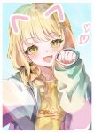  1girl absurdres animal_ears blonde_hair blush braid cat_ears face_filter fang fujita_kotone gakuen_idolmaster hair_ribbon heart highres idolmaster jacket long_hair looking_at_viewer multicolored_clothes multicolored_jacket paw_pose ribbon selfie shirt skin_fang smile solo twin_braids upper_body vos_(guva3573) yellow_eyes yellow_shirt 