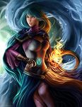  althea althea_(mirage_noir) blue_hair cape fire magic mirage_noir purple_eyes solo tagme water 