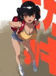  1girl absurdres backpack bag bare_arms bare_shoulders black_hair blush breasts camisole cleavage commentary_request crossed_bangs dark-skinned_female dark_skin fang full_body gaki_kyonyuu grey_shorts hair_between_eyes highres large_breasts leaning_forward open_mouth oppai_loli randoseru red_bag red_eyes sadamoto_hokuto sasaki_kanna_(kaedeko) shorts socks solo standing twintails white_footwear white_socks yellow_camisole 