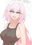  1girl alternate_costume bare_shoulders black_shirt blue_eyes breasts clothing_cutout collarbone covered_nipples elf elysia_(honkai_impact) elysia_(miss_pink_elf)_(honkai_impact) hair_between_eyes highres honkai_(series) honkai_impact_3rd kili_kilio large_breasts long_hair looking_at_viewer pink_pupils pointy_ears shirt side_cutout smile solo teeth upper_teeth_only zoom_layer 