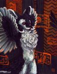  2024 4_ears absurd_res acrylic_painting_(artwork) anthro artist_name avali avali_logo avian bird black_body black_feathers black_fur black_sclera canvas canvas_texture constructed_language countershade_face countershade_fur countershade_torso countershading detailed_background feathered_wings feathers featureless_crotch fictional_language fluffy_chest fur fyr_(fenrir784) graph hair half-length_portrait hi_res inside interface looking_at_viewer male maleherm_(lore) multi_ear nude painting_(artwork) portrait purple_eyes screen shaded sign_language signature solo spacecraft stretching stretching_arms tail tempera_(artwork) text traditional_media_(artwork) tuft varnish_(artwork) vehicle white_body white_feathers white_fur winged_arms wings woronyonok 