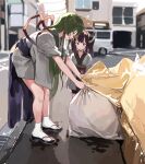  2girls :d :o ahoge black_footwear black_skirt blurry blurry_background blush brown_hair building car commentary_request day depth_of_field green_hair grey_kimono headgear highres japanese_clothes kimono lamb_(hitsujiniku) leaning_forward long_hair long_sleeves motor_vehicle multiple_girls obi outdoors parted_lips profile red_eyes sandals sash short_sleeves skirt sleeves_past_wrists smile socks tabi tasuki touhoku_kiritan touhoku_zunko trash_bag twintails very_long_hair voiceroid white_socks wide_sleeves window zouri 