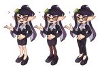  1girl arm_up black_footwear black_hair black_pants black_skirt black_suit bow-shaped_hair callie_(splatoon) eyelashes gradient_hair highres ikki_(gsl_9708) inkling long_hair looking_at_viewer mole mole_under_eye multicolored_hair multiple_views official_alternate_costume open_mouth pants pantyhose pencil_skirt pointy_ears purple_hair short_eyebrows simple_background skirt smile splatoon_(series) splatoon_3 star-shaped_pupils star_(symbol) suit symbol-shaped_pupils teeth tentacle_hair thick_eyebrows two-tone_hair white_background yellow_eyes yellow_pupils 