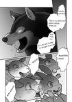  anthro canine caprine children comic dialog english_text fangs fur glowing glowing_eyes greyscale lagomorph male mammal maririn monochrome mouse pig porcine rabbit rodent saliva sheep text translated wolf young 