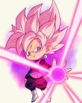  1boy aura black_pants black_shirt boots chibi dragon_ball dragon_ball_super earrings energy goku_black grey_tunic highres jewelry komesan_0212 long_sleeves looking_to_the_side male_focus medium_hair pants pink_hair potara_earrings powering_up purple_eyes shirt simple_background single_earring smirk solo super_saiyan super_saiyan_rose white_footwear 