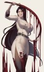  1girl 50x48x48 absurdres alternate_costume arm_up artist_name belt black_hair black_pantyhose bleach bleach:_sennen_kessen-hen blood blood_drip blood_on_clothes blood_on_face blood_on_weapon blood_splatter blood_stain blue_eyes breasts cleavage commentary feet_out_of_frame floating_hair green_belt highres holding holding_sword holding_weapon jacket katana large_breasts long_hair looking_at_viewer mature_female military_uniform minazuki_(bankai) pantyhose parted_bangs parted_lips side_slit simple_background skirt solo standing sternritter sword twitter_username uniform unohana_retsu very_long_hair weapon white_background white_jacket white_skirt 