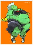 4_fingers alien alien_humanoid anthro big_breasts border bottomwear breasts clothed clothing disney eyebrows fapolantern female fingers footwear freckles gloves green_body green_skin hair handwear hi_res huge_breasts humanoid humanoid_pointy_ears long_hair lord_dominator midriff navel noseless not_furry obese obese_female obese_humanoid one_eye_closed overweight overweight_anthro overweight_female overweight_humanoid pink_sclera shoes socks solo standing teeth thick_thighs topwear wander_over_yonder white_border white_hair