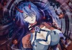  1girl acheron_(honkai:_star_rail) armor ba_nnnn bandaged_arm bandages blood blood_from_eyes blood_on_body blood_on_clothes breasts broken_horn cleavage commentary_request eyes_visible_through_hair flower hair_over_one_eye heterochromia highres honkai:_star_rail honkai_(series) horns large_breasts long_hair long_horns lying on_back parted_lips partially_submerged purple_eyes purple_hair rain red_eyes red_flower red_horns ripples shoulder_armor single_bare_shoulder solo very_long_hair water_drop wet 