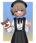  1girl :o beret black_hat black_ribbon blue_background border brown_eyes brown_hair claw_pose collared_shirt cowboy_shot dog dress_shirt flower gradient_background grid_background hand_puppet hands_up hat hat_flower hat_ribbon hatoba_tsugu highres kinako_marumaru long_sleeves looking_at_viewer mole mole_under_eye neck_ribbon open_mouth outside_border puppet ribbon shirt shirt_tucked_in short_hair solo standing tsugu_(vtuber) virtual_youtuber white_border white_shirt 