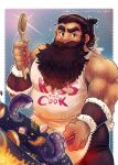  1boy apron bara beard belly chest_hair_peek cooking cowboy_shot dark-skinned_male dark_skin dungeon_meshi dwarf facial_hair frying_pan hair_bun hairy highres holding holding_frying_pan holding_ladle huge_eyebrows kiss_the_cook ladle large_hands long_beard looking_at_viewer male_focus molly_artwork mustache pectorals raised_eyebrow senshi_(dungeon_meshi) sidepec single_hair_bun sleeveless solo sparkle sparse_arm_hair standing sweat tentacles thick_chest_hair thick_mustache very_sweaty 