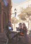  1boy 2girls 30sugarnoice black_tiara clothing_cutout eir_(fire_emblem) fire_emblem fire_emblem_heroes high_ponytail highres horned_mask lamppost lif_(fire_emblem) mask masked multiple_girls outdoors ponytail see-through_body shoulder_cutout sitting thrasir_(fire_emblem) tiara town tree 