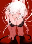  1girl bare_shoulders black_camisole black_hanekawa breasts camisole hanekawa_tsubasa highres large_breasts legs long_hair looking_at_viewer moku_(muooku) monogatari_(series) one_eye_covered red_background red_eyes shadow thighs underwear white_hair 