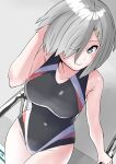  1girl 30-06 alternate_costume black_one-piece_swimsuit blue_eyes bob_cut breasts competition_swimsuit covered_navel cowboy_shot from_above grey_hair hair_ornament hair_over_one_eye hairclip hamakaze_(kancolle) highres kantai_collection large_breasts long_bangs multicolored_clothes multicolored_swimsuit one-piece_swimsuit pool_ladder short_hair solo swimsuit 