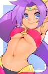  arabian_clothes armpits arms_up bandeau blue_eyes border breasts dark_skin earrings forehead_jewel genie harem_pants highres hoop_earrings its_just_suppi jewelry large_breasts long_hair looking_at_viewer midriff navel o-ring o-ring_top pants pointy_ears ponytail purple_hair shantae shantae_(series) stomach sweat tiara underboob upper_body white_border 