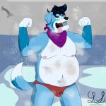  absurd_res anthro belly bernese_mountain_dog big_ears bodily_fluids briefs briefs_only bulge canid canine canis clothed clothing domestic_dog ear_piercing flexing flexing_bicep flexing_both_biceps genital_fluids handkerchief hi_res kerchief leaking_precum male male/male mammal molosser mountain_dog muscular nipples piercing precum precum_on_briefs rookie_heartblue showers slightly_chubby solo steam steaming_body sweat sweatdrop swiss_mountain_dog teeth tongue tongue_out topless underwear underwear_only yose_stones 