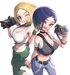  2girls absurdres armband ass ass_visible_through_thighs bare_arms bare_shoulders between_breasts black_armband black_choker blonde_hair blue_hair blue_pants bob_cut breasts brown_eyes camera capri_pants choker cleavage collarbone crop_top denim gonzarez gradient_hair green_eyes green_pants green_wristband grey_shirt highres holding holding_camera jeans large_breasts loose_hair_strand midriff multicolored_hair multiple_girls navel pants perrin_(pokemon) photographer pokemon pokemon_sv pokemon_xy ribbed_shirt shirt short_hair sleeveless sleeveless_shirt strap_between_breasts undershirt v-neck viola_(pokemon) watch white_shirt wristwatch 