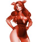  1girl bravoman_(series) breasts cleavage collarbone cowboy_shot dress grin hair_intakes hands_on_own_hips highres long_hair medium_breasts midriff minamoto80486 no_panties red_theme ringed_eyes short_dress simple_background smile solo teeth two_side_up waya-hime white_background 