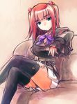  black_legwear blue_eyes bow couch crossed_legs hair_bobbles hair_ornament red_hair sitting thighhighs twintails two_side_up umineko_no_naku_koro_ni ushiromiya_ange wanko_(takohati8) 