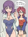  2girls absurdres ass_visible_through_thighs blue_eyes blue_jacket breasts cleavage collarbone excuse_me_he_asked_for_no_pickles_(meme) glasses highleg highleg_leotard highres jacket jewelry lab_coat leotard lorelei_(pokemon) medium_breasts meme miniskirt multiple_girls necklace open_mouth over-rim_eyewear pantsu-ripper philena_ivy pointing pointing_at_another poke_ball_hair_ornament pokemon pokemon_(anime) pokemon_(classic_anime) purple_eyes red_hair red_tube_top ring ring_necklace semi-rimless_eyewear side_slit sidelocks skirt strapless strapless_leotard tube_top 