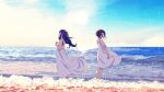  2girls 456 bare_shoulders beach black_hair closed_mouth cloud commentary_request day denonbu dress from_side full_body hand_on_own_arm highres long_hair multiple_girls ocean official_art outdoors profile seto_mitsuki_(denonbu) shinonome_kazune short_hair sky sleeveless sleeveless_dress standing sundress water waves white_dress wind 