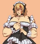  1boy alternate_costume bell black_choker black_dress black_thighhighs blonde_hair blush brown_eyes choker closed_mouth collarbone commentary crossed_bangs dress english_commentary frilled_dress frills frown furuyawn hair_between_eyes highres leobel_purson maid maid_headdress male_focus multicolored_hair nexas_(vtuber) orange_background puffy_sleeves red_hair solo streaked_hair thighhighs virtual_youtuber wrist_cuffs 