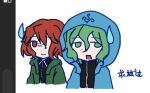  2others black_shirt blue_jacket closed_mouth green_eyes green_hair green_jacket hood hooded_jacket jacket len&#039;en multiple_others needless_(toyaco) open_mouth red_eyes red_hair shirt shitodo_aoji shitodo_hooaka sweatdrop translation_request 