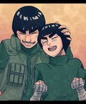  bandages black_hair bodysuit closed_eyes eyebrows green_bodysuit green_jacket hand_on_another's_head happy jacket kamosuke male_focus might_guy multiple_boys naruto naruto_(series) open_mouth rock_lee smile teeth 