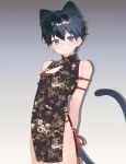  1boy animal_ears black_dress black_hair blue_eyes cat_ears china_dress chinese_clothes closed_mouth cowboy_shot dress gradient_background highres looking_at_viewer male_focus mobijiang original shibari short_hair sleeveless sleeveless_dress solo standing tagme tail 