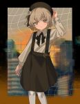  1girl arm_at_side beret black_border black_hat black_ribbon blurry blurry_background blush border brown_eyes brown_hair city collared_shirt dress_shirt expressionless feet_out_of_frame flower gradient_border grid_background hair_ribbon hand_up hat hat_flower hatoba_tsugu highres kinako_marumaru long_sleeves looking_at_viewer mole mole_under_eye neck_ribbon orange_border pantyhose ribbon shirt shirt_tucked_in short_hair skirt solo standing sunset suspender_skirt suspenders tsugu_(vtuber) virtual_youtuber white_flower white_pantyhose white_shirt 