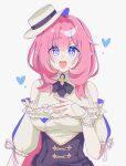  1girl alternate_costume bare_shoulders blue_eyes blue_heart breasts detached_sleeves elysia_(honkai_impact) elysia_(miss_pink_elf)_(honkai_impact) hair_between_eyes hand_on_own_chest hat highres honkai_(series) honkai_impact_3rd long_hair looking_at_viewer mi_(27782900) pink_hair pink_pupils shirt short_sleeves smile solo tilted_hat white_background white_hat 