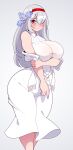  1girl absurdres azur_lane bare_shoulders blush breasts colorado_(azur_lane) dress flower hair_over_one_eye hairband highres iris_(flower) large_breasts long_hair looking_at_viewer non-web_source red_eyes simple_background sleeveless sleeveless_dress solo sundress white_dress white_hair 