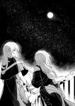  2girls arknights black_dress dress full_moon greyscale holding_hands long_hair looking_at_another monochrome moon multiple_girls night night_sky skadi_(arknights) sky specter_(arknights) star_(sky) starry_sky theta_(swfh8575) very_long_hair white_hair yuri 
