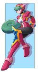  1girl android armor arms_behind_back black_bodysuit blue_background blue_eyes bodysuit border deniacp full_body green_hair highres leotard long_hair marino_(mega_man) mega_man_(series) mega_man_x:_command_mission mega_man_x_(series) ninja pink_helmet pink_leotard ponytail shadow shoulder_armor simple_background solo white_border 