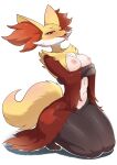 anthro areola black_body black_fur breasts canid canine delphox female female_anthro fur generation_6_pokemon hi_res lolobot mammal multicolored_body multicolored_fur nintendo nipples pink_areola pokemon pokemon_(species) red_body red_fur simple_background solo tail tongue tongue_out tuft white_body white_fur yellow_body yellow_fur