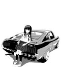  1girl absurdres blunt_bangs car dress full_body greyscale hatsuyuki_(kancolle) highres kantai_collection long_hair monochrome motor_vehicle pleated_dress sailor_collar sailor_shirt school_uniform serafuku shirt sitting solo standing toplow vehicle_request 