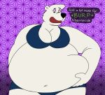 anthro bear bearimore belly belly_grab belly_overhang belly_squish big_belly big_breasts black_nose bloat bloated blue_clothing breasts burping clothing dialogue english_text fat_grab fat_squish female fur gas gassy hi_res hibernation huge_belly hyper hyper_belly mammal navel obese obese_anthro obese_female overweight overweight_anthro overweight_female polar_bear purple_background simple_background solo squish text the_adventures_of_courdroy_bear ursine weight_gain white_body white_fur wolfox90210