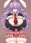  1girl :v animal_ears black_vest blush breasts brown_background closed_mouth collared_shirt commentary_request cowboy_shot hair_over_eyes hands_on_own_chest highres huge_breasts long_hair long_sleeves looking_at_viewer necktie pink_skirt purple_hair rabbit_ears rabbit_girl red_eyes red_necktie reisen_udongein_inaba shirt simple_background skirt smile solo thighhighs thighs touhou vest washiwa white_shirt white_thighhighs 