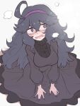  1girl @_@ absurdres ahoge alternate_breast_size blush breasts grey_background grey_eyes grey_hair hair_between_eyes hairband heavy_breathing hex_maniac_(pokemon) highres kurachi_mizuki large_breasts long_hair open_mouth pokemon pokemon_xy purple_hairband purple_nails sweatdrop very_long_hair 