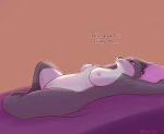  anen_(anentheotter) anentheotter anthro areola bed breasts dialogue female fur furniture genitals grey_body grey_fur hi_res looking_up lying mammal mustelid nipples nude nude_female on_back on_bed otter pillow purple_eyes pussy simple_background solo spread_legs spreading text 